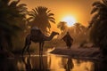 Beduin woman and Camel in desert oasis at sunset. Amazing African Wildlife. Generative Ai