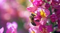 Bee Amongst Blooms: A macro photograph showcasing a busy bee collecting nectar from vibrant blossoms