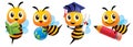 Bee Back to school set. Cartoon cute bee education mascot set. Cartoon cute bee graduation, holding a learning book