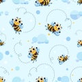 Bee background. Bee swarm, honey bees fly in the clouds. Cute cartoon character. Seamless pattern.