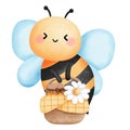 Bee with basket of honey jar clipart, Watercolor cute animal insect illustration in cartoon style Royalty Free Stock Photo