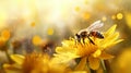 bee and beautiful yellow flower spring summer. generative AI Royalty Free Stock Photo