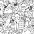 Bee and beekeeper black and white seamless pattern. Coloring page with funny farm characters Royalty Free Stock Photo