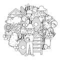 Bee and beekeeper circle shape coloring page. Doodle mandala with farm characters for coloring book