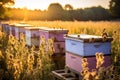 Bee boxes in the garden. Apiary in the Sun. Generative AI Royalty Free Stock Photo