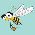 Bee with a bucket for honey hand drawn. Vector illustration of cartoon wasp, bee.