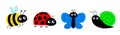 Bee bumblebee, butterfly, snail cochlea, lady bug ladybird flying insect icon set. Cute cartoon kawaii funny baby character.