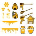 Bee bundle. Beekeeper set. Beehive, honey jar, beeswax. Honey dipper. Cute cartoon illustrations