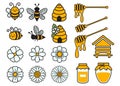 Bee bundle. Bumble bee set. Beehive, Honey jar, Queen bee. Honey dipper. Cute cartoon bugs Royalty Free Stock Photo