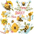 Bee bundle. Cute compositions with bee on flower, wreaths with wildflowers and bee, honeycomb, beehive, sunflower