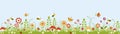 Panoramic colorful garden with flowers, mushroom, bees and butterflies. Royalty Free Stock Photo