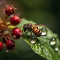 bee and butterfly take nectar on fruits and berries, dew drops