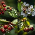 bee and butterfly take nectar on fruits and berries, dew drops