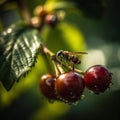 bee and butterfly take nectar on fruits and berries, dew drops