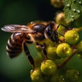 bee and butterfly take nectar on fruits and berries, dew drops in garden