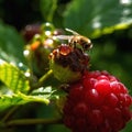 bee and butterfly take nectar on fruits and berries, dew drops in garden