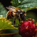 bee and butterfly take nectar on fruits and berries, dew drops in garden