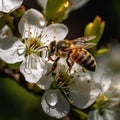 bee and butterfly take nectar on fruits and berries, dew drops in garden