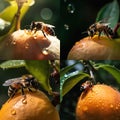 bee and butterfly take nectar on fruits and berries, dew drops in garden