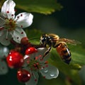 bee and butterfly take nectar on fruits and berries, dew drops in garden