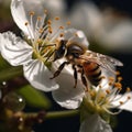 bee and butterfly take nectar on fruits and berries, dew drops in garden