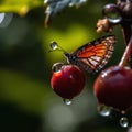 bee and butterfly take nectar on fruits tree and berries, dew drops on branch in gardens