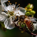 bee and butterfly take nectar on fruits tree and berries, dew drops on branch in gardens