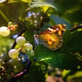 bee and butterfly take nectar on fruits tree and berries, dew drops on branch in gardens