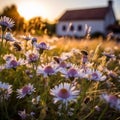 bee and butterfly on wild field floral sunny field meadow ,daisies, cornflowers,lavender ,poppy flowers Royalty Free Stock Photo