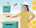 Taking care of bees, eco friendly apiary, flat vector stock illustration with woman beekeeper and bee houses for honey production