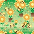 Bee care flower cartoon seamless pattern Royalty Free Stock Photo