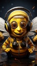Bee characters rock headphones, pencil ready, as they say hi creative camaraderie blooms