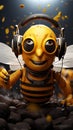 Bee characters rock headphones, pencil ready, as they say hi creative camaraderie blooms