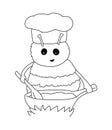 Bee in a chef hat cooks jam in a copper saucepan and stirs it with a wooden spoon