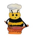 A bee in a chef hat cooks jam in a copper saucepan and stirs it with a wooden spoon
