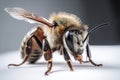 bee close up macro shot on a white surface insect of honey closeup, bee with pollen super close-up