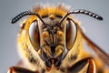 bee close up macro shot on a white surface insect of honey closeup, bee with pollen super close-up