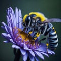 A bee collecting nectar perched on a purple flower