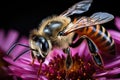 Bee collecting nectar from a purple wildflower close-up macro shot, Generative AI Royalty Free Stock Photo