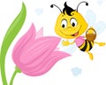 Bee Collects Honey From a Tulip - Vector Illustration