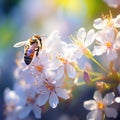 Bee collects honey on a white flower on a sunny bright day. Beautiful bokeh. Macro horizontal photography. Summer and spring Royalty Free Stock Photo