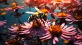 A bee collects nectar from the flowers of a chrysanthemum. Generative AI