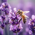 Bee collects nectar on lavender flowers