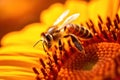 A bee collects nectar from a yellow flower. Super macro photo. Royalty Free Stock Photo