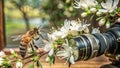 A bee collects pollen from a white flower while a camera lens captures the moment Royalty Free Stock Photo