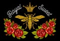 Bee crown flowers embroidery patch. Honey bee bumblebee floral leaf Insect embroidery. Hand drawn vector illustration