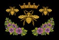 Bee crown flowers embroidery patsh. Honey bee bumblebee floral leaf Insect embroidery. Hand drawn vector illustration