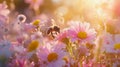 Bee dancing among blooming flowers, collecting nectar, expressing the joy and vitality of the pollination process.