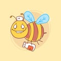 Bee doctor holds medicine and smiling. Funny character