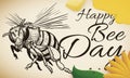 Bee Draw, Scroll, Seeds, Flower and Honey for Bee Day, Vector Illustration